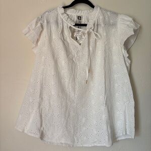 Anne Klein Plus Size Eyelet Flutter Bright White Short Sleeve Top, Size 3X